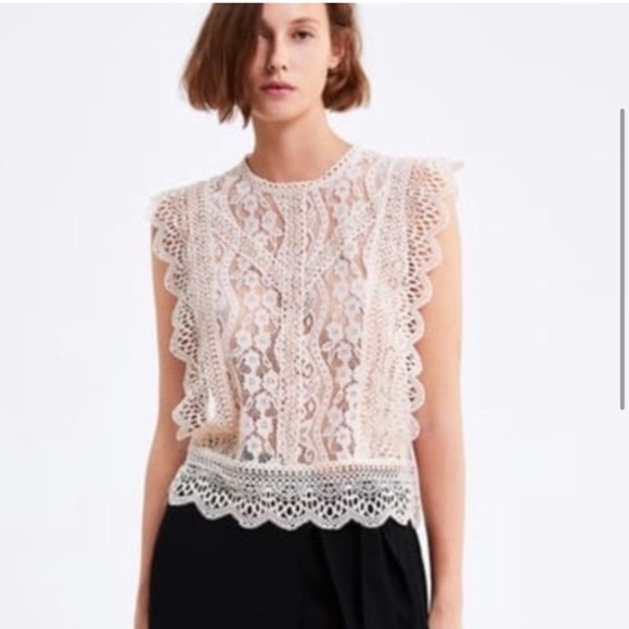 Zara Tops - Zara Blush Pink/Beige Lace Cap Sleeves Floral Lace Doily Top, Small